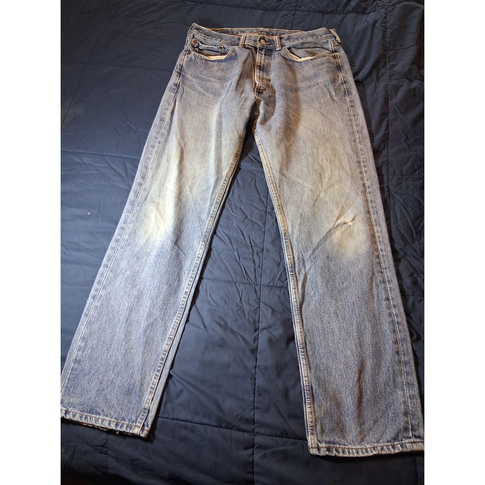 Levis 505 Regular Fit Straight Leg Jeans Light Wash Blue Denim Mens 34x32